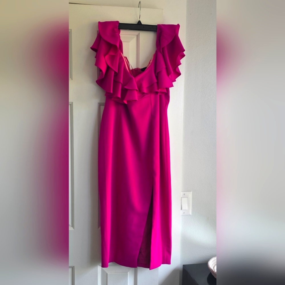 JAYGODFREY Vibrant Pink Ruffle Midi Dress
